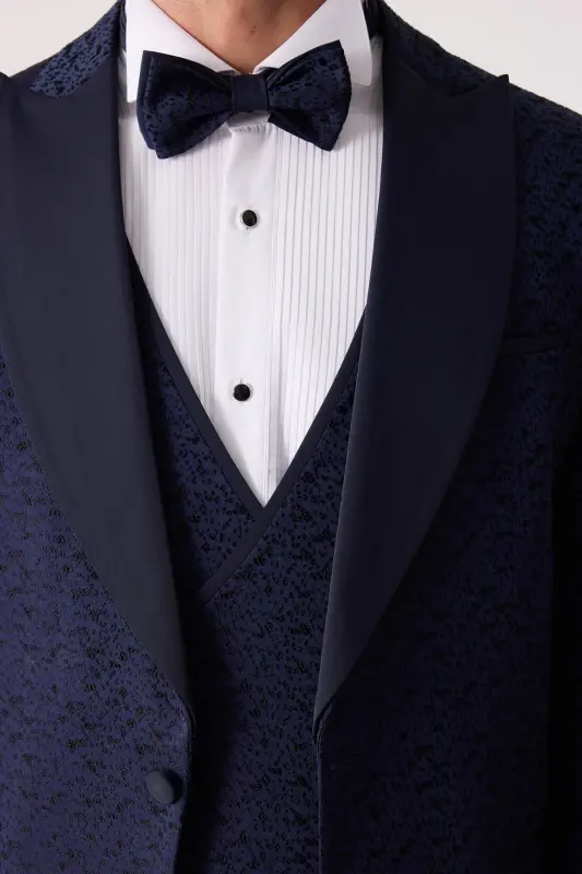 Мужской темно-синий смокинг Slim Fit с ласточкиным воротником и рисунком - 8