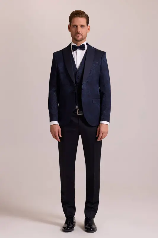 Мужской темно-синий смокинг Slim Fit с ласточкиным воротником и узором - YSF