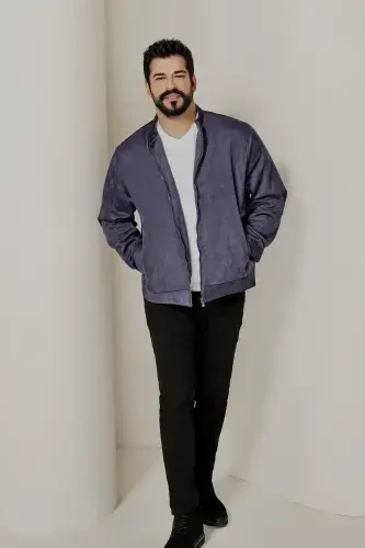 Мужской тёмно-синий стандартный прямой крой стойка воротник замшевая куртка-бомбер - тёмно-синий - AC&CO / ALTINYILDIZ CLASSICS (1)