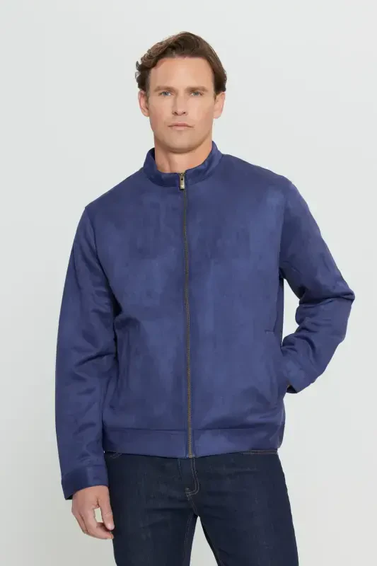 Мужской тёмно-синий стандартный прямой крой стойка воротник замшевая куртка-бомбер - тёмно-синий - 5