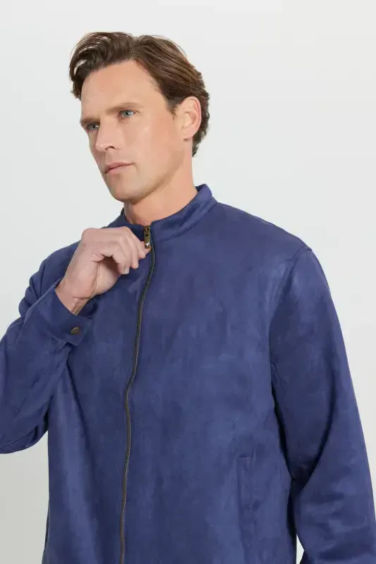 Мужской тёмно-синий стандартный прямой крой стойка воротник замшевая куртка-бомбер - тёмно-синий - 6