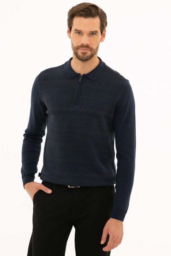 Мужской темно-синий трикотажный свитер Slim Fit - 1