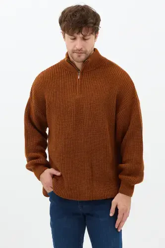 Мужской трикотажный свитер на молнии с воротником «рыбацкая сеть» оверсайз цвета светлой горчицы — СВЕТЛАЯ ГОРЧИЦА - 5