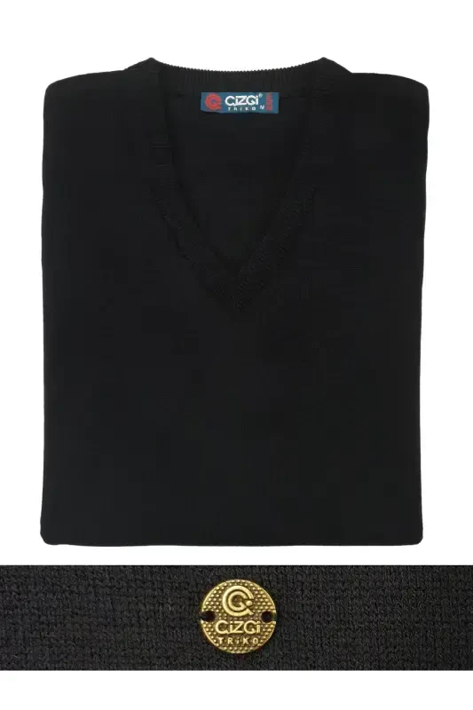 Мужской Трикотажный Свитер V-образный Вырез Черный Цвет Пояс на Резинке - 5