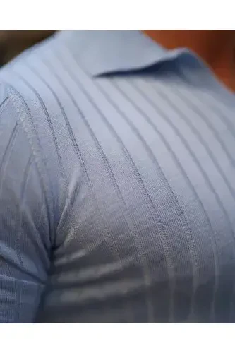 Мужской трикотажный T-Shirt поло в рубчик - СИНИЙ - 2