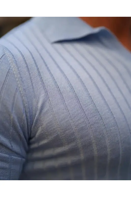 Мужской трикотажный T-Shirt поло в рубчик - СИНИЙ - 2