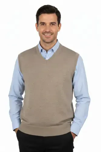 Мужской V-образный вырез Однотонный Классическая модель Свободный крой Стандартный крой Тонкий Шерстяной трикотаж Свитер - Кофе с молоком - OPPLAND (1)
