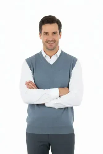 Мужской V-образный вырез Однотонный Классическая модель Свободный крой Стандартный крой Тонкий вязаный шерстяной свитер - Синий - Modazone (1)