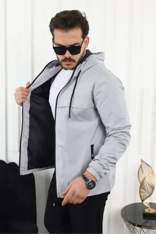 Мужской водонепроницаемый серый дождевик с капюшоном и карманами - A.СЕРЫЙ - 6