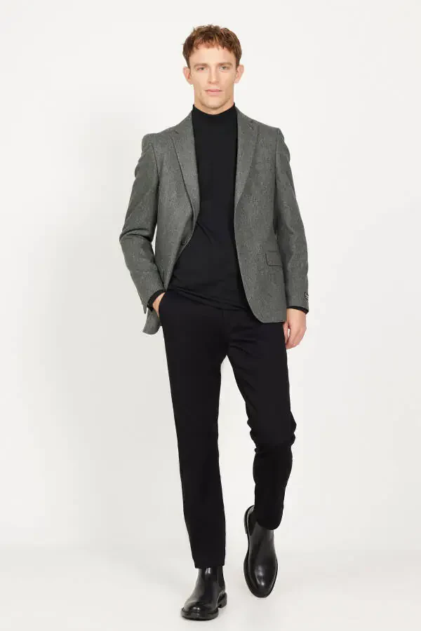 Мужской хаки Slim Fit пиджак с узким лацканом из шерсти - 2