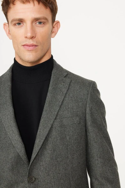 Мужской хаки Slim Fit пиджак с узким лацканом из шерсти - 5