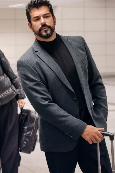 Мужской зеленый пиджак Slim Fit с узким лацканом из шерсти с рисунком. - 3