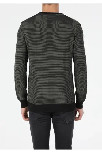 Мужской Зеленый Свитер Slim Fit с Круглым Вырезом и Принтом - q1.v1_KHA - 2