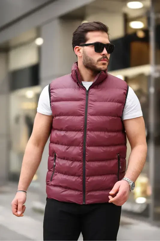 Мужской жилет без рукавов на молнии с карманами, базовый, бордовый, дутый - БОРДО - 3
