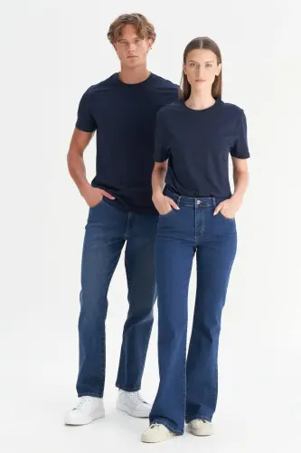 Мужской/унисекс темно-синий 100% хлопок Slim Fit узкий крой велосипедный воротник базовая футболка - темно-синий - 3