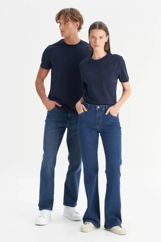 Мужской/унисекс темно-синий 100% хлопок Slim Fit узкий крой велосипедный воротник базовая футболка - темно-синий - 5