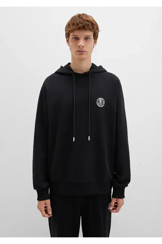 Mvjns Logo Bosilgan Kaputli Qora Svitshot 0611786-900 - 4