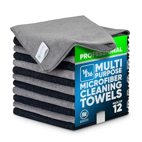 MW Pro Microfiber Cleaning Cloth | Black Gray | 12 Pack | 16” x 16” | All Purpose Microfiber Towels - Clean, Dust, Polish, Scrub, Absorbent 