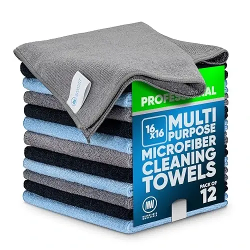 MW Pro Microfiber Cleaning Cloth | Black Gray Blue | 12 Pack | 16” x 16” | All Purpose Microfiber Towels - Clean, Dust, Polish, Scrub, Absorbent - 1