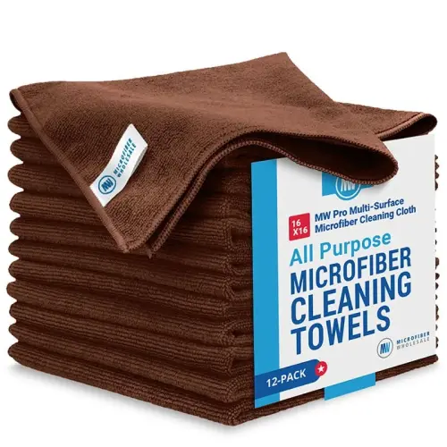 MW Pro Microfiber Cleaning Cloth | Brown | 12 Pack | 16” x 16” | Coffee, Barista, Espresso Towels - Clean, Dust, Polish, Scrub, Absorbent 
