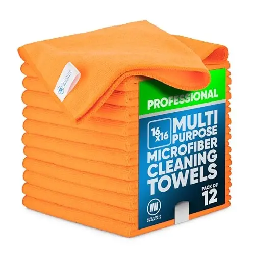 MW Pro Microfiber Cleaning Cloth | Orange | 12 Pack | 16” x 16” | All Purpose Microfiber Towels - Clean, Dust, Polish, Scrub, Absorbent 