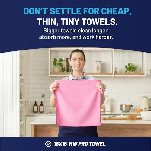 MW Pro Microfiber Cleaning Cloth | Pink | 12 Pack | 16” x 16” | All Purpose Microfiber Towels - Clean, Dust, Polish, Scrub, Absorbent - 3