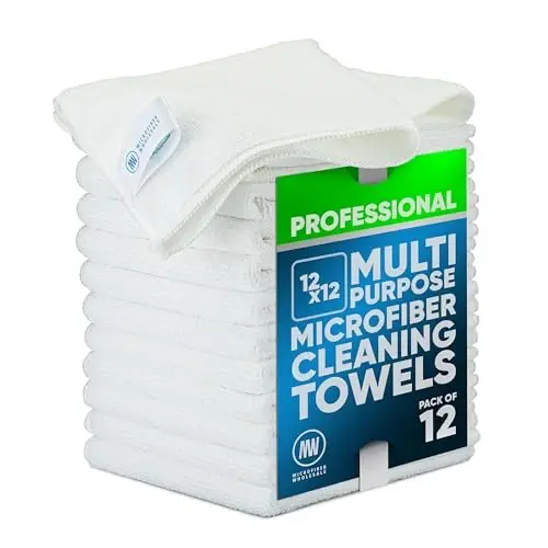 MW PRO Microfiber Cleaning Cloths White (12 Pack, 12x12) - Commercial Janitorial Towels & Lint Free Rags - Heavy Duty for Auto Detailing, Glass Windows, Housekeeping & Screens - Washable 300+ Times - 1