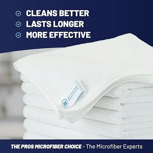 MW PRO Microfiber Cleaning Cloths White (12 Pack, 12x12) - Commercial Janitorial Towels & Lint Free Rags - Heavy Duty for Auto Detailing, Glass Windows, Housekeeping & Screens - Washable 300+ Times - Microfiber Wholesale (1)