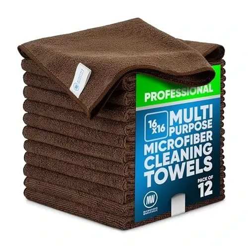 MW Pro Microfiber Cleaning Cloth | Brown | 12 Pack | 16” x 16” | Coffee, Barista, Espresso Towels - Clean, Dust, Polish, Scrub, Absorbent - MICROFIBER WHOLESALE