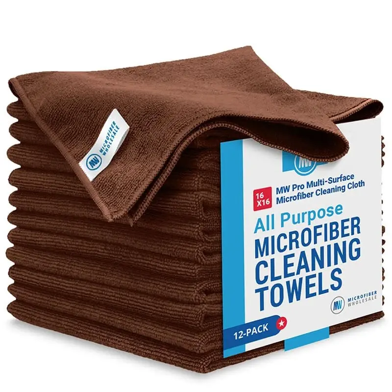 MW Pro Microfiber Cleaning Cloth | Brown | 12 Pack | 16” x 16” | Coffee, Barista, Espresso Towels - Clean, Dust, Polish, Scrub, Absorbent - MODAZONE