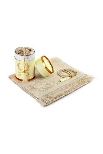 My Dear Mother Special Cylinder Box Set with Prayer Rug and Pearl Rosary - Cream Color-Cream - İHVAN (1)