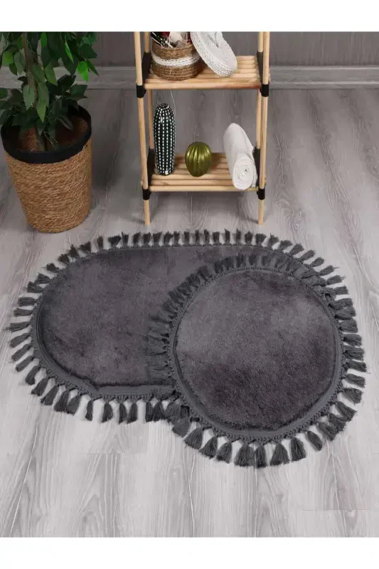 My Evilla Modern Simirna Decorative Plush Oval Pompon Tasseled Toilet Seat Set-Anthracite - MYEVILLA