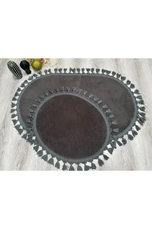 My Evilla Modern Simirna Decorative Plush Oval Pompon Tasseled Toilet Seat Set-Anthracite - 3