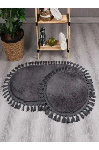 My Evilla Modern Simirna Dekoratif Peluş Oval Ponpon Saçaklı Klozet Takımı-Antrasit - MYEVILLA (1)