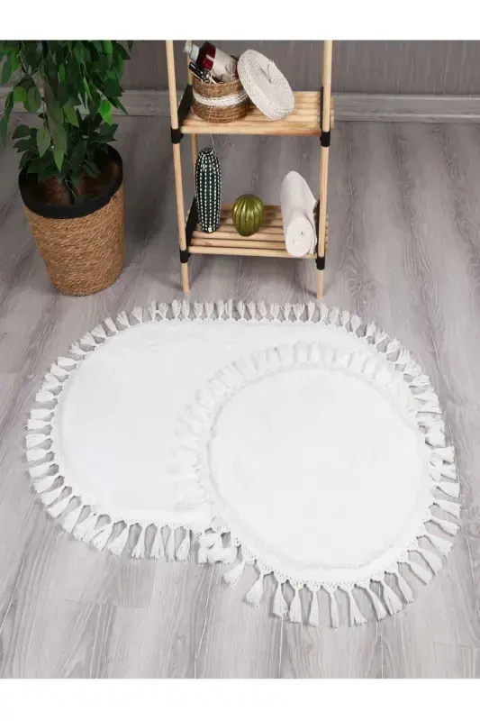 My Evilla Modern Simirna Dekoratif Peluş Oval Ponпон Saçaklı Klozet Takımı-Beyaz - Myevilla