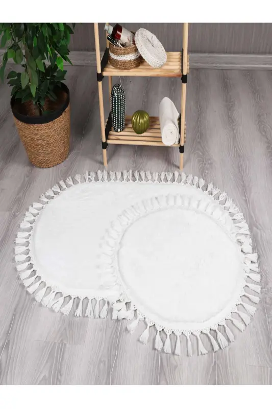 My Evilla Modern Simirna Dekoratif Peluş Oval Ponpon Saçaklı Klozet Takımı - Beyaz - MYEVILLA