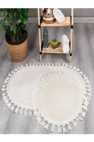 My Evilla Modern Simirna Dekoratif Peluş Oval Ponpon Saçaklı Klozet Takımı-Krem 
