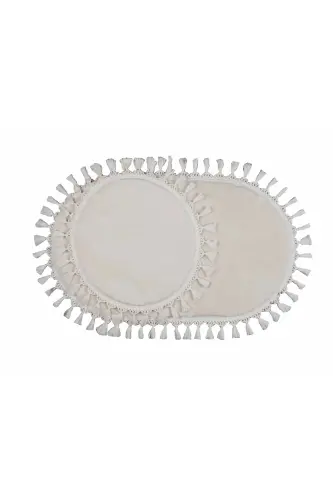 My Evilla Modern Simirna Dekoratif Peluş Oval Ponpon Saçaklı Klozet Takımı-Krem - MYEVILLA (1)