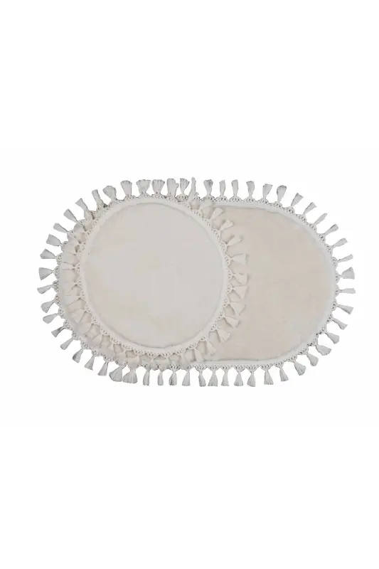 My Evilla Modern Simirna Dekoratif Peluş Oval Ponpon Saçaklı Klozet Takımı-Krem - 2
