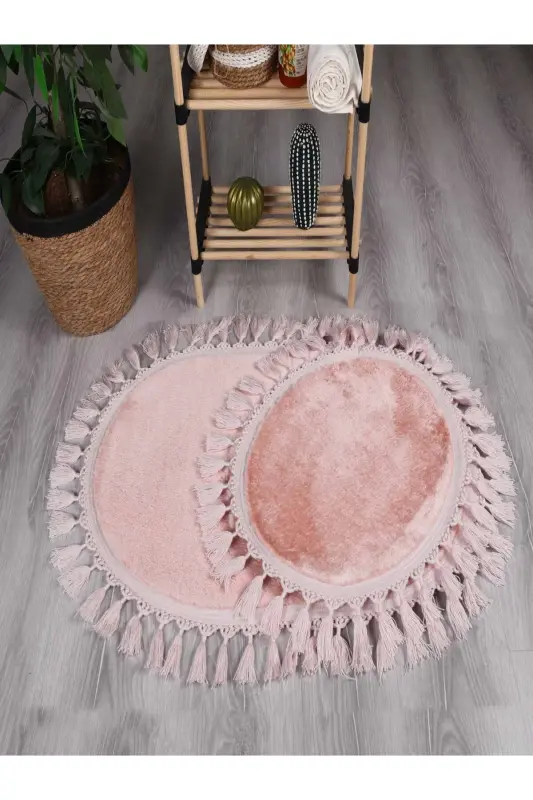 My Evilla Modern Simirna Dekoratif Peluş Oval Ponpon Saçaklı Klozet Takımı-Pembe - 1