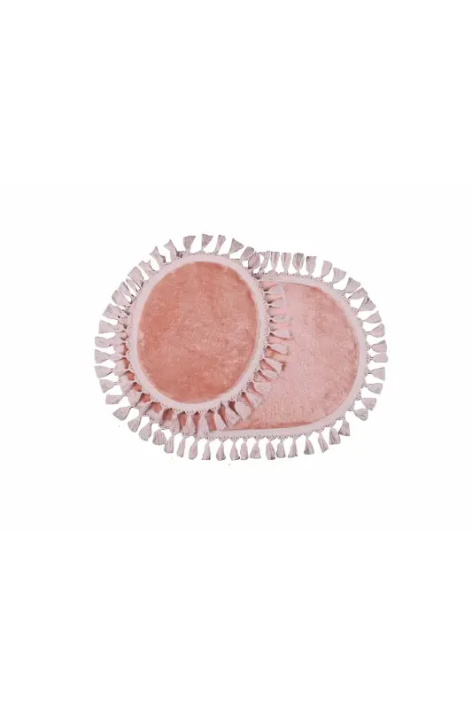 My Evilla Modern Simirna Dekoratif Peluş Oval Ponpon Saçaklı Klozet Takımı-Pembe - 2
