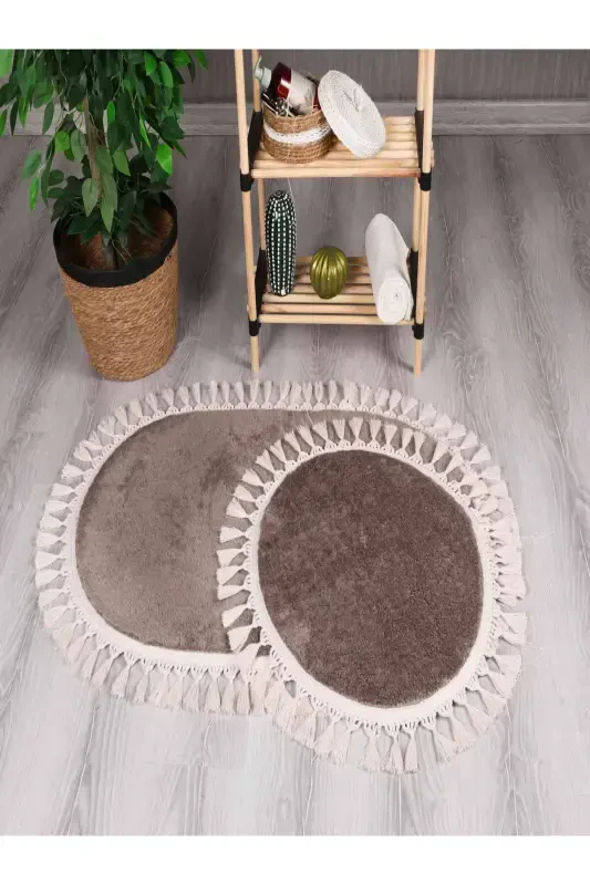 My Evilla Modern Simirna Dekoratif Peluş Oval Ponpon Saçaklı Klozet Takımı-Vizon - MYEVILLA