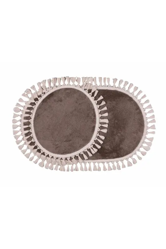 My Evilla Modern Simirna Dekoratif Peluş Oval Ponpon Saçaklı Klozet Takımı-Vizon - 2