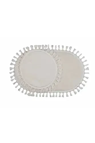 My Evilla Modern Simirna Dekorativ Peluş Oval Ponpon Sochli Franjli Klozet To'plami-Krem - MYEVILLA (1)