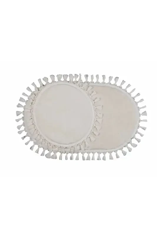 My Evilla Modern Simirna Dekorativ Peluş Oval Ponpon Sochli Franjli Klozet To'plami-Krem - 2