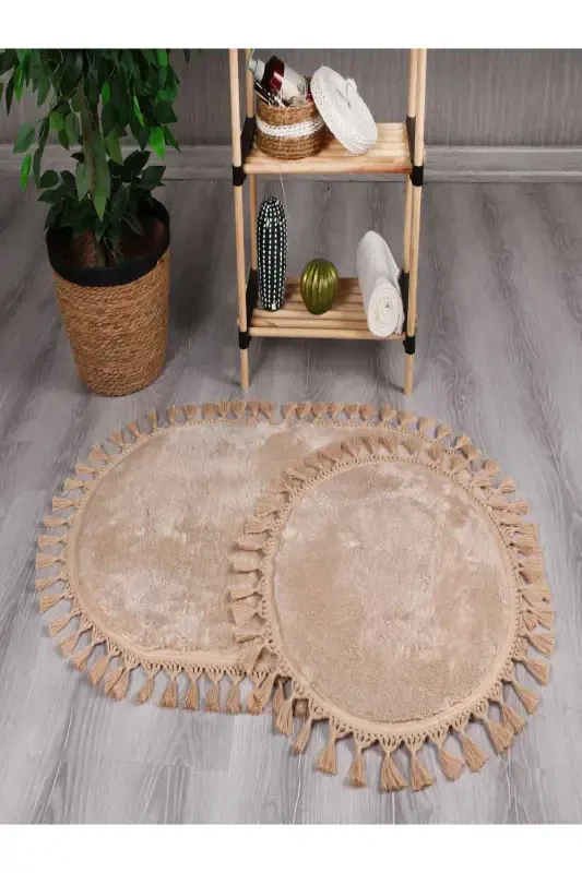 My Evilla Modern Simirna Dekorativ Peluş Oval Ponpon Sochli Klozet Takımı-Bej - 1