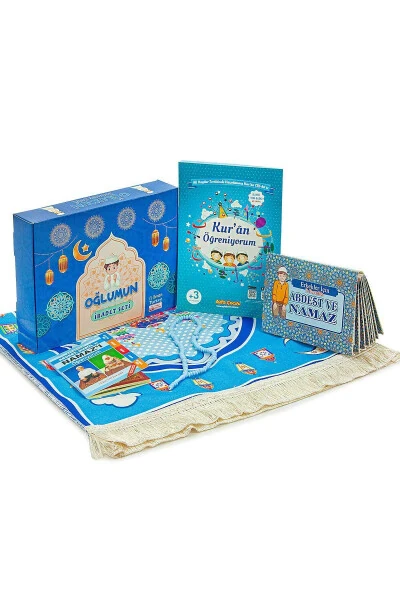 My Son's Prayer Set I'm Learning Prayer and Quran Children's Prayer Rug Set Blue - IHVAN ONLINE