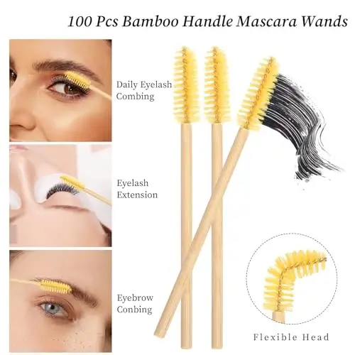 MyAoKuE-UP 100 Pack Bamboo Handle Mascara Wands Disposable Eyelash Brushes Eco-friendly Lash Extension Tool, Yellow - 4