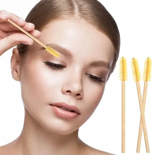 MyAoKuE-UP 100 Pack Bamboo Handle Mascara Wands Disposable Eyelash Brushes Eco-friendly Lash Extension Tool, Yellow - 6