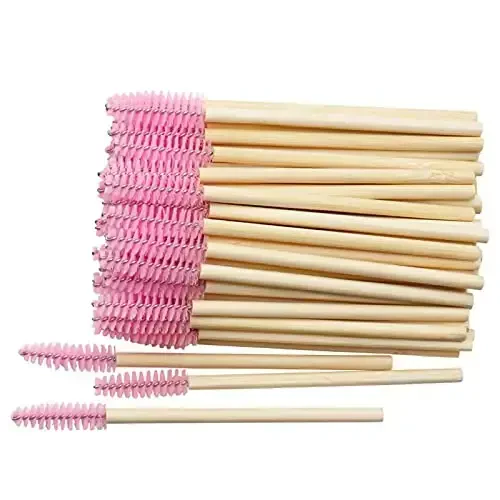 MyAoKuE-UP 100 Pack Bamboo Handle Mascara Wands Disposable Eyelash Brushes Lash Extension Tool, Pink 